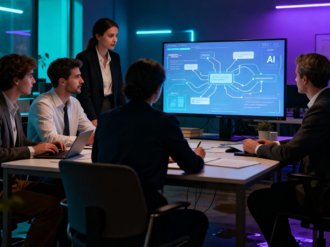 Business professional analyzing AI transformer architecture on a laptop with neural network visuals explaining how modern AI understands language