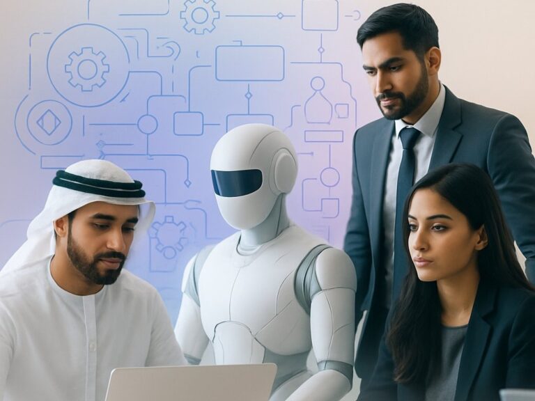 Business professional monitoring AI automation workflows that improve efficiency, customer support, and decision-making in Dubai companies