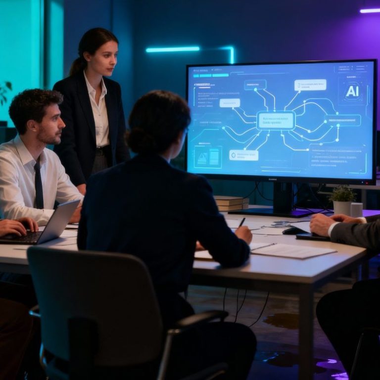 Business professional analyzing AI transformer architecture on a laptop with neural network visuals explaining how modern AI understands language