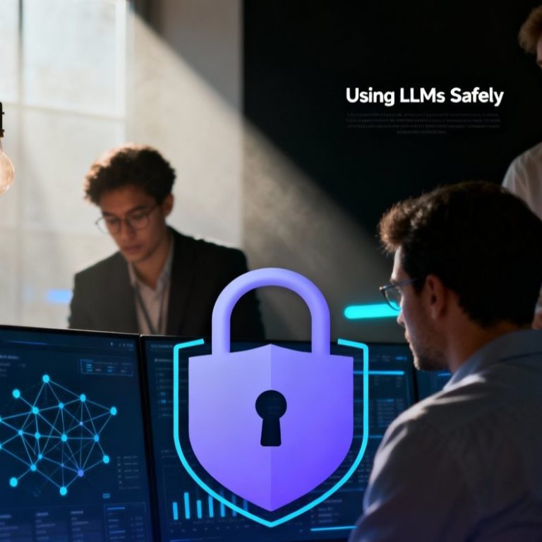 Business leaders reviewing secure large language model systems with data governance and AI security controls for Dubai enterprises