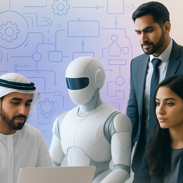 Business professional monitoring AI automation workflows that improve efficiency, customer support, and decision-making in Dubai companies